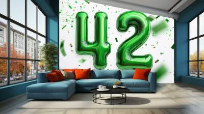 Green birthday / anniversary balloon, number 42, white background with confetti Wall mural