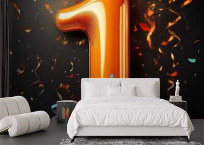 Orange birthday / anniversary balloon, number 1, black background with confetti Wall mural