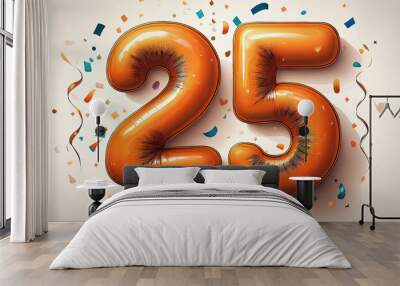 Orange birthday / anniversary balloon, number 25, white background with confetti Wall mural