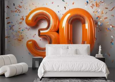 Orange birthday / anniversary balloon, number 30, white background with confetti Wall mural