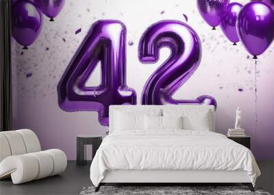 Purple birthday / anniversary balloon, number 42, white background with confetti Wall mural