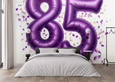 Purple birthday / anniversary balloon, number 85, white background with confetti Wall mural