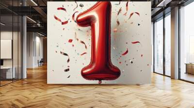 Red birthday / anniversary balloon, number 1, white background with confetti Wall mural