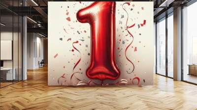 Red birthday / anniversary balloon, number 1, white background with confetti Wall mural