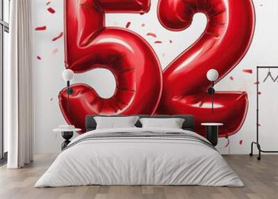 Red birthday / anniversary balloon, number 52, white background with confetti Wall mural