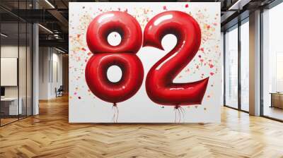 Red birthday / anniversary balloon, number 82, white background with confetti Wall mural