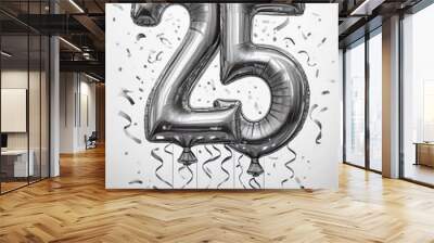 Silver birthday / anniversary balloon, number 25, white background with confetti Wall mural