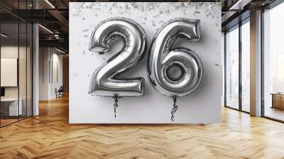 Silver birthday / anniversary balloon, number 26, white background with confetti Wall mural