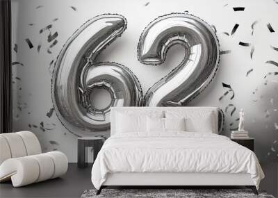 Silver birthday / anniversary balloon, number 62, white background with confetti Wall mural