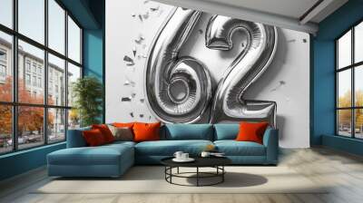 Silver birthday / anniversary balloon, number 62, white background with confetti Wall mural