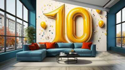 Yellow birthday / anniversary balloon, number 10, white background with confetti Wall mural