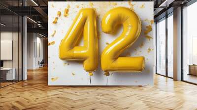 Yellow birthday / anniversary balloon, number 42, white background with confetti Wall mural