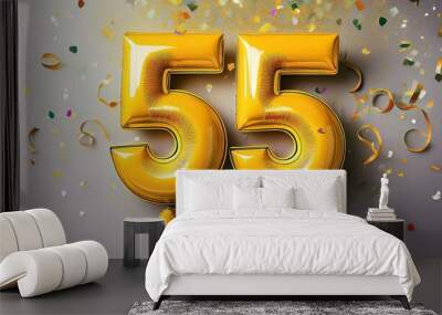 Yellow birthday / anniversary balloon, number 55, white background with confetti Wall mural