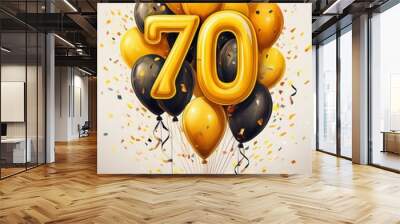 Yellow birthday / anniversary balloon, number 70, white background with confetti Wall mural