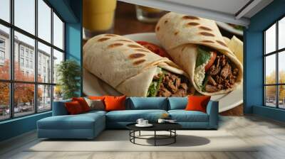 delicious juicy shawarma, steam comes from the shawarma, vegetables and spices in the kitchen background, light background. Ai generated image Wall mural