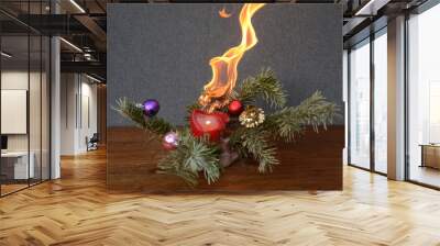 Dry Christmas decoration on fire. Wall mural