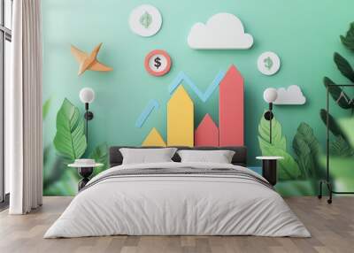 Financial growth and success with paper cutouts and green background Wall mural