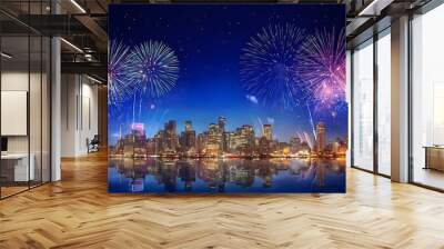 Fireworks in the city image wallpaper. New year's eve celebration, abstract fire background, holiday festive season party event landscape. Colourful star display illuminate night sky. 3d modern design Wall mural