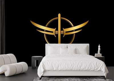 Katana silhouette logo design.  icon in black and gold color. Ai generated images Wall mural