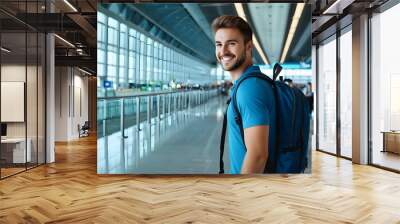 man in the airport for travel, exciting travel concept background, tourism, ai generated Wall mural