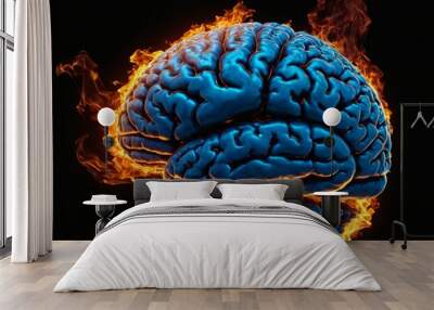 Mix Media 3D Render - Brain blue fire smoke effect on the black background. Ai generated image  Wall mural