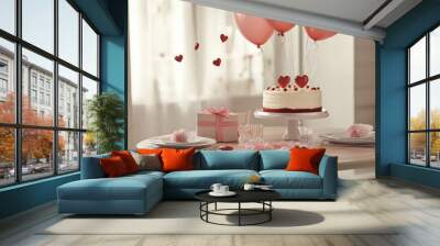 Romantic table setting for two with cake and gift Wall mural