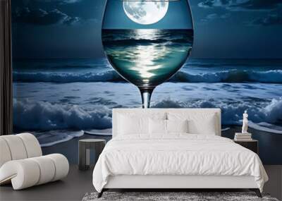 Sea view shining by transparent wine twilight Sleeping full moon light supernatural light moonlighting water, ai Wall mural