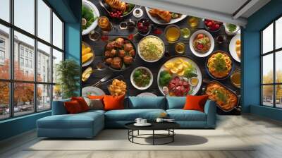 set of kinds of food on the table, table setting with multiple foods, ai generated Wall mural