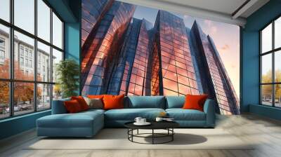 Skyscraper reflecting sunset background. 3d abstract architecture design of modern contemporary luxury building converging glass and steel. Perspective view landscape. Hi-tech sustainable architect Wall mural