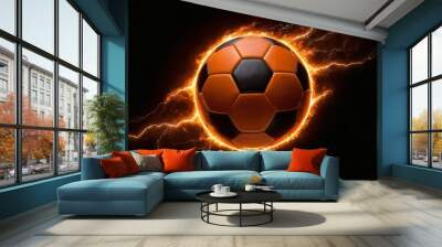 The soccer ball flies with lightning fast magical effects in a futuristic orange flame displaying a black background. Ai generated image  Wall mural