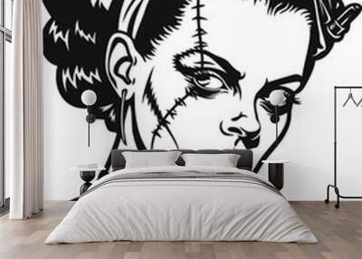 Detailed illustration of Frankenstein's Bride featuring classic horror elements and dramatic design, capturing the iconic character with a unique and striking appearance Wall mural