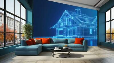 3d house fade into wireframe house, technology copy space  Wall mural