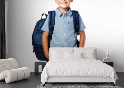 6 years old boy primary school student with backpack posing on a transparent background Wall mural