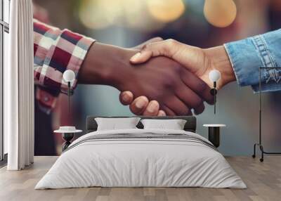 A close-up of a handshake between two people as a gesture of welcome.  Wall mural