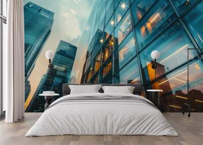 a close-up shot of a glass office building reflecting the surrounding cityscape. Wall mural