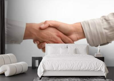 A close-up shot of a male and female lawyer shaking hands, smiling and looking confident, against a neutral white background, emphasizing their partnership and agreement.  Wall mural