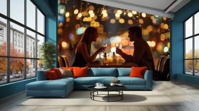 A couple enjoying a romantic dinner at a candlelit table in a cozy restaurant. Wall mural