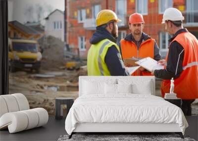 a geotechnical engineer speaking with construction foremen at a new building site. the engineer is h Wall mural