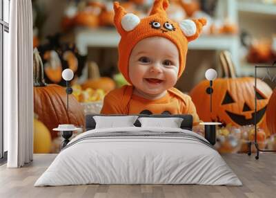 A Halloween party setup with a baby dressed as a little monster, smiling amidst a sea of pumpkins and treats. Wall mural