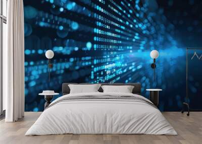 a high-tech array background with a matrix of data points and binary code illuminated against a dark, sleek surface. Wall mural