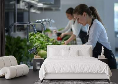 a modern kitchen area in a corporate office, showcasing staff washing fresh produce for a healthy meal prep. Wall mural