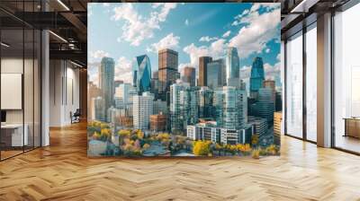 A panoramic view of a city skyline dominated by towering office buildings. Wall mural