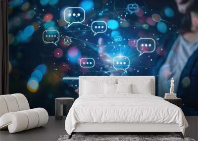 A person holding a smartphone and a tablet simultaneously, with chat speech bubble holograms appearing above the tablet screen, symbolizing seamless communication across devices.  Wall mural