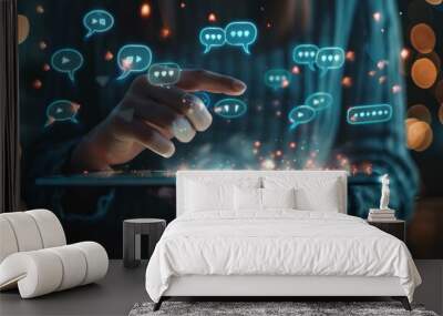 a person using a tablet to respond to chat messages displayed as holographic speech bubbles, showcas Wall mural