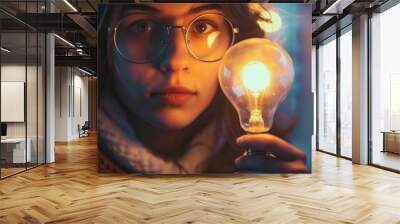 A person wearing glasses and holding a lightbulb, signifying the connection between intelligence and creativity. Wall mural