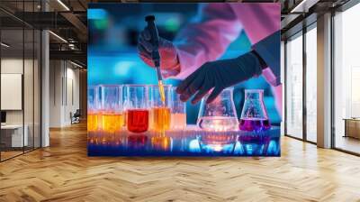 a scientist in a lab measuring the temperature of a chemical solution with precision equipment. Wall mural