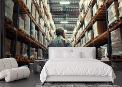 A warehouse supervisor overseeing inventory management and stock levels. Wall mural