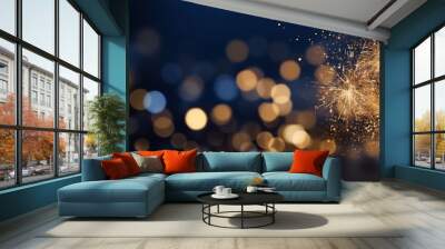 Abstract background gold and blue bokeh light with firework  Wall mural