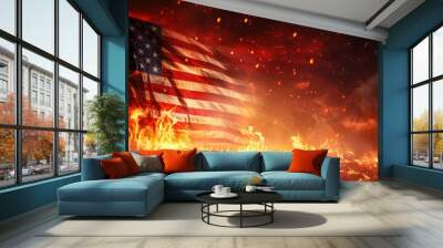 American flag on fire background concept  Wall mural