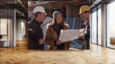 An architect discussing plans with clients at a construction site.  Wall mural